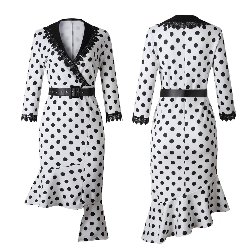 Abito donna Polka Dot Slim Ruffles Elegante donna con cintura in vita Abbigliamento da lavoro da ufficio Pacchetto Hip Classy Female Black White Robes 210416