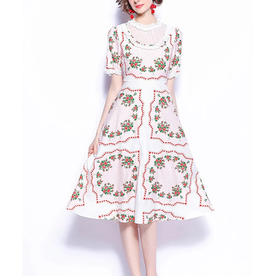 Französisches Vintage-Designer-elegantes florales Pingted-Kleid für Frauen, Patchwork, gerüschte Kurzarm-Túnicas Mujer, rosa Robe 210421