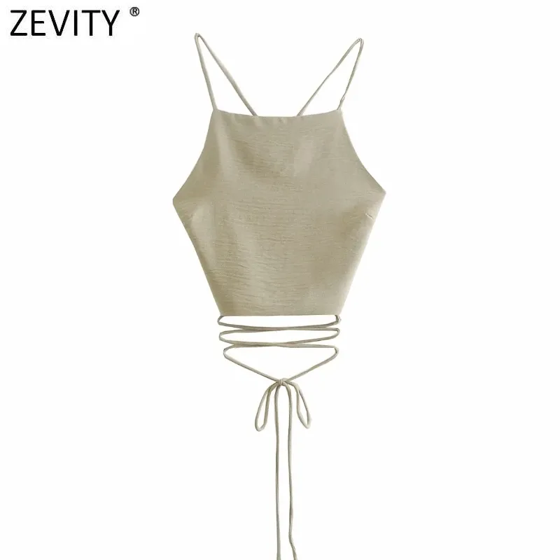 Zevity Nouvelles Femmes Spaghetti Strap Sexy Chic Solide Camis Réservoir Dame D'été Dos Nu Croix À Lacets Sling Court Crop Tops LS9010 210419