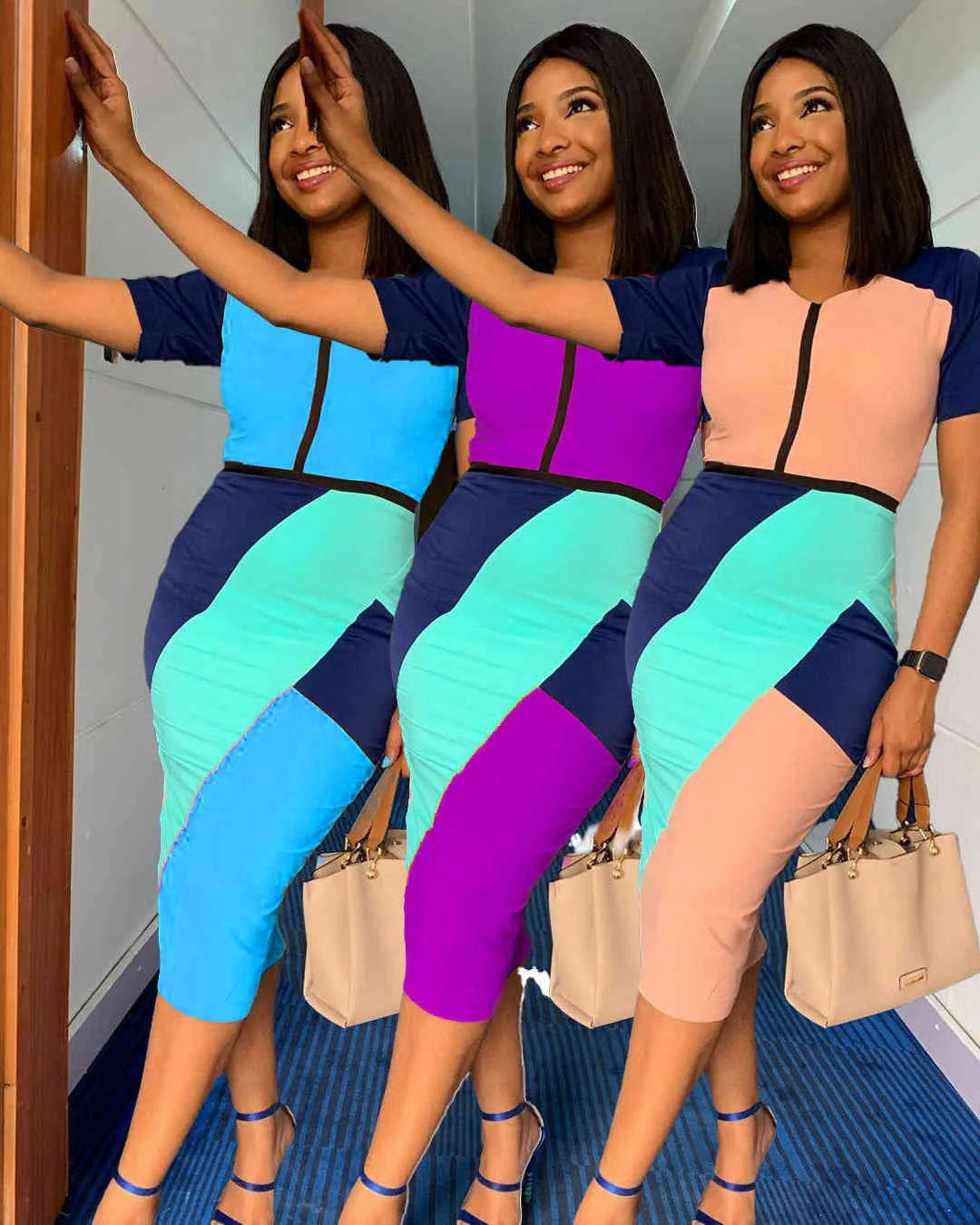 Mulheres retalhos elegante vestido bodycon manga curta cintura alta bloco cor escritório senhoras moda elegante vestidos vestidos 210416