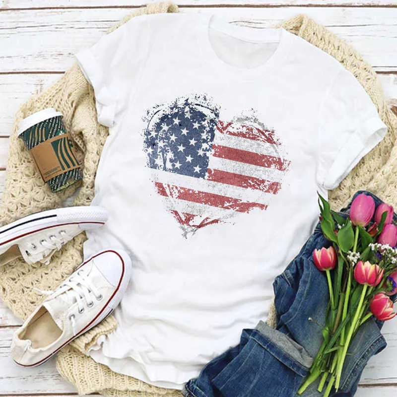 Kobiety Graficzne USA Flaga Amerykański Patriotyczny Serce Love Lato Koszulka Topy Lady Kobiet Odzież Odzież Tee Kobieta T Shirt X0527