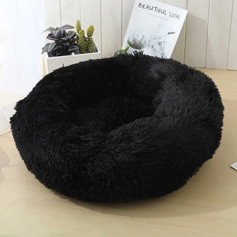 Dark Round Cat Bed House Soft Long Plush Basket Pet Sleeping Bag Puppy Cushion Mat Portable Supplies Dog 211006