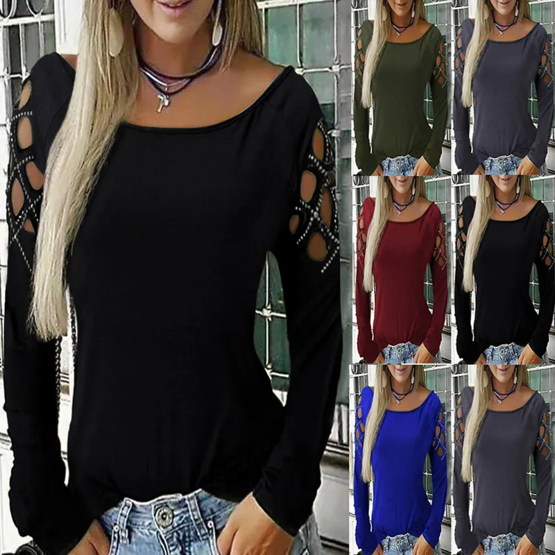 Kayotuas Kobiety T-shirt Cekiny Topy Ladies Solidne Hollow Out Slim Long Sleeve Casual Streetwear 210522