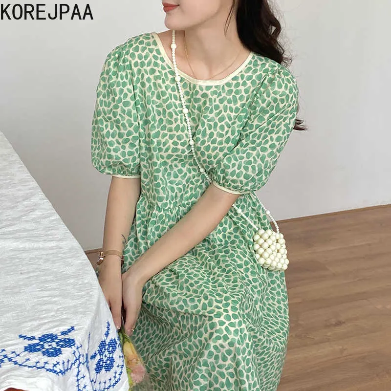 Korejpaa mulheres vestido verão coreia chique elegante cópia o pescoço floral back gravata solta casual bolha manga vestido feminino 210526