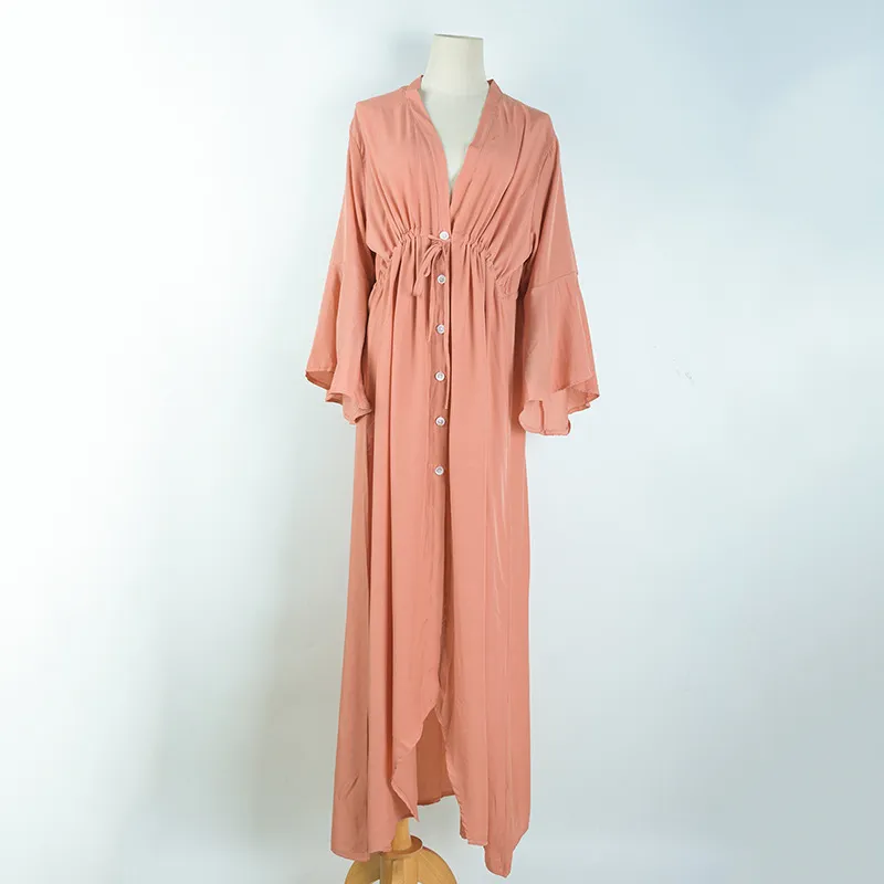 Frauen-Kleid mit tiefem V-Ausschnitt, einreihiges Hemd mit Kordelzug, lockeres, lässiges Maxi-Flare-Ärmel, langer Strand, es 210513