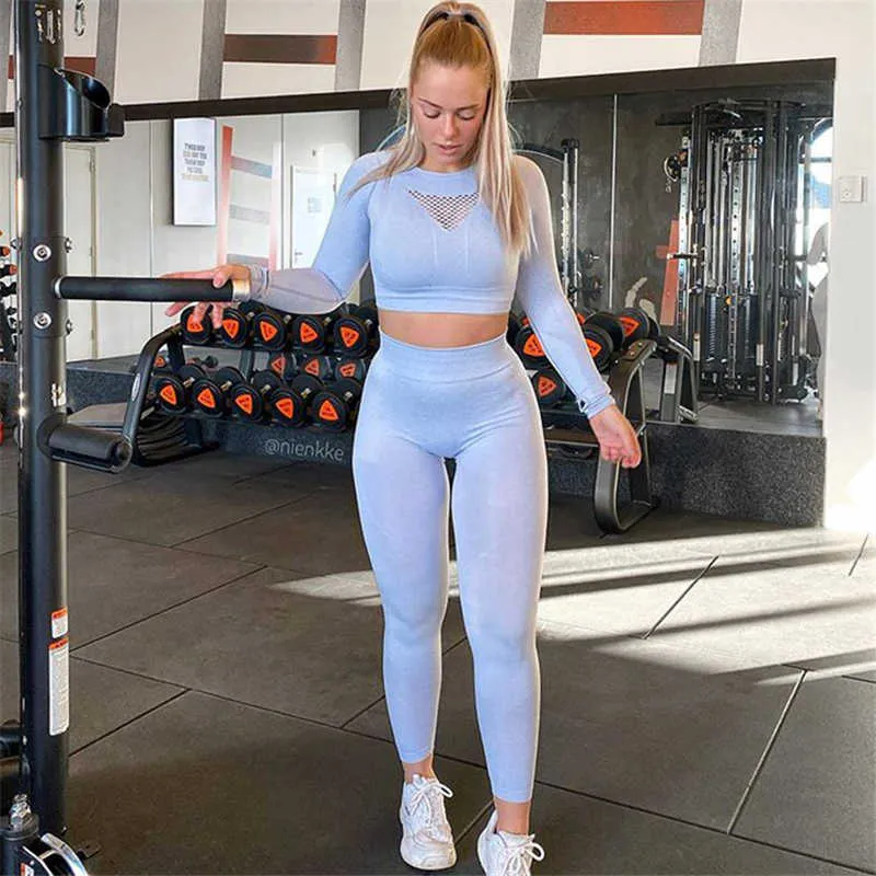 Seamless Sport Set Women Grey Two Piece 2 Crop Top T-shirt Leggigngs Workout Outfit Hollow Fitness Gym Suit Yoga sätter kläder 210802