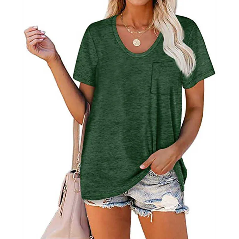 Solid Tops Tee Shirt Women Pocket T-shirt Summer Casual O Neck Loose T Short Sleeve Female Streetwear Black Soft 210526