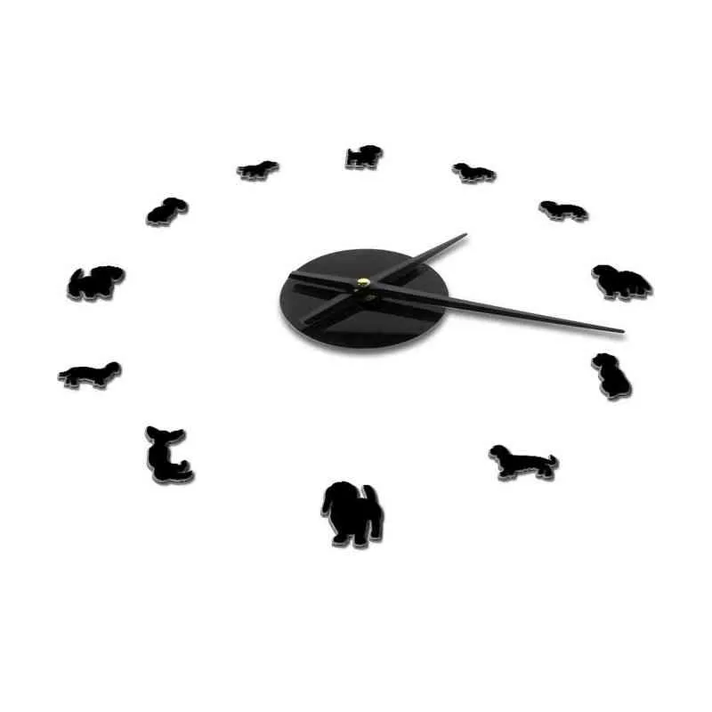 Jamnik pies rasy Duży DIY zegar ścienny zegarek szczeniak zwierzęta lustrzane naklejki sklep zwierząt domowych wystrój wiszące zegarek prezent dla psa kochanka H1230