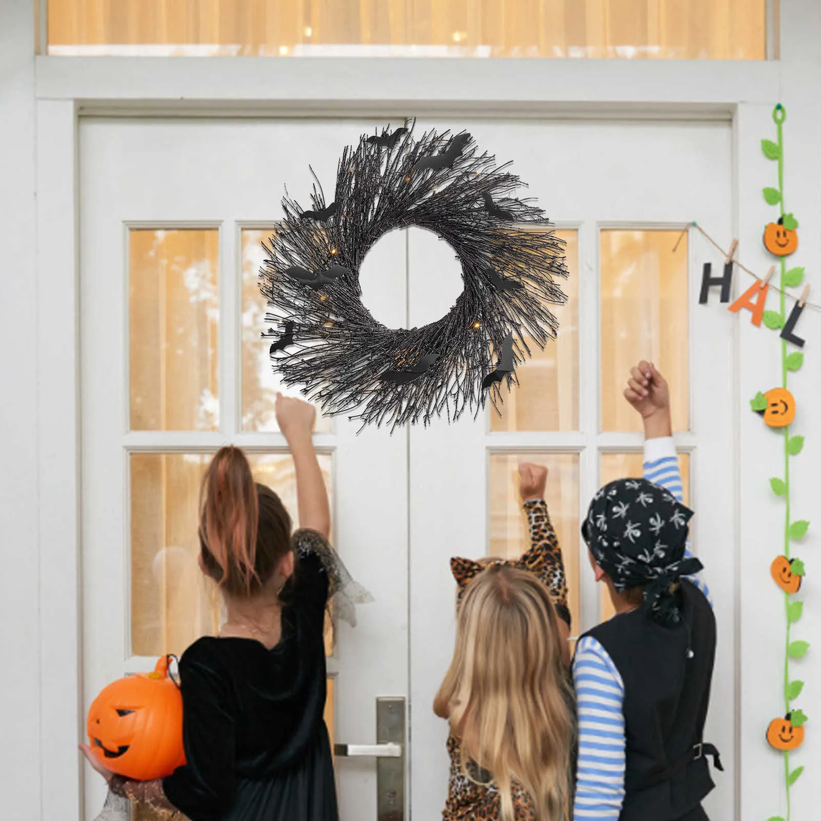 Halloween-Dekorationen, schwarze Fledermaus-Schleifen-Dekoration, leuchtende hängende glänzende Girlanden, Outdoor-Garten-Türkränze, Heimdekoration, Y09012400335