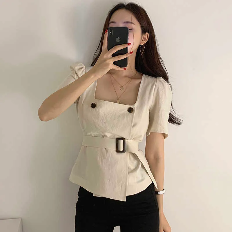 Korejpaa Women Shirt Summer Square Collar Exposed Clavicle Buckle Lace-Up Waist Double Row Two Button Short-Sleeved Blouses 210526