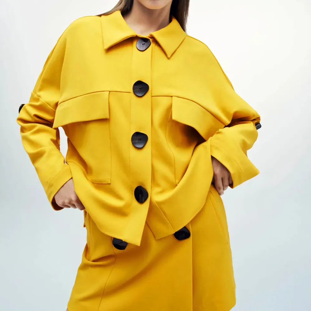 BBWM, chaquetas amarillas con bolsillos elegantes para mujer, abrigo de ventilación lateral con cuello de solapa a la moda para mujer, ropa de abrigo de un solo pecho para mujer 210520