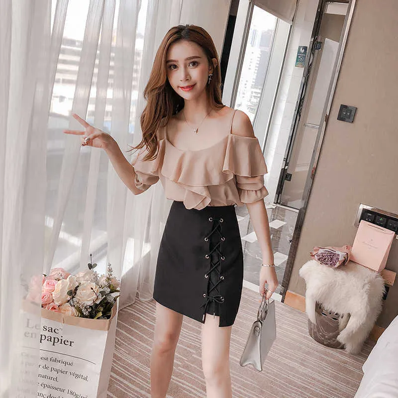 Spring and Autumn High Quality Tight-fitting Lace-up Ladies Skirt Casual Professional Waist Black Female Short 210527