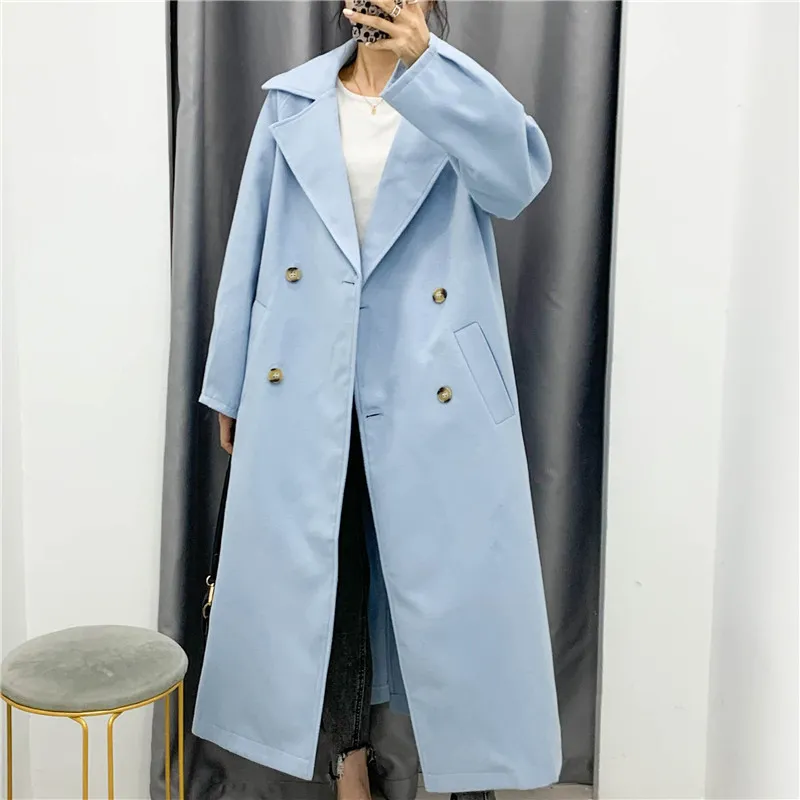 BLSQR Automne Hiver Casual Blue Veste Mode Femmes Trench Coat Office Wear Dames Causal Long Manteau Vêtements d'extérieur 210430
