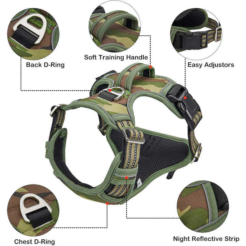 Benepaw Imbracatura tattica senza trazione cani di taglia media resistente Camouflage riflettente Imbracatura animali domestici Gilet Maniglia di controllo 210712