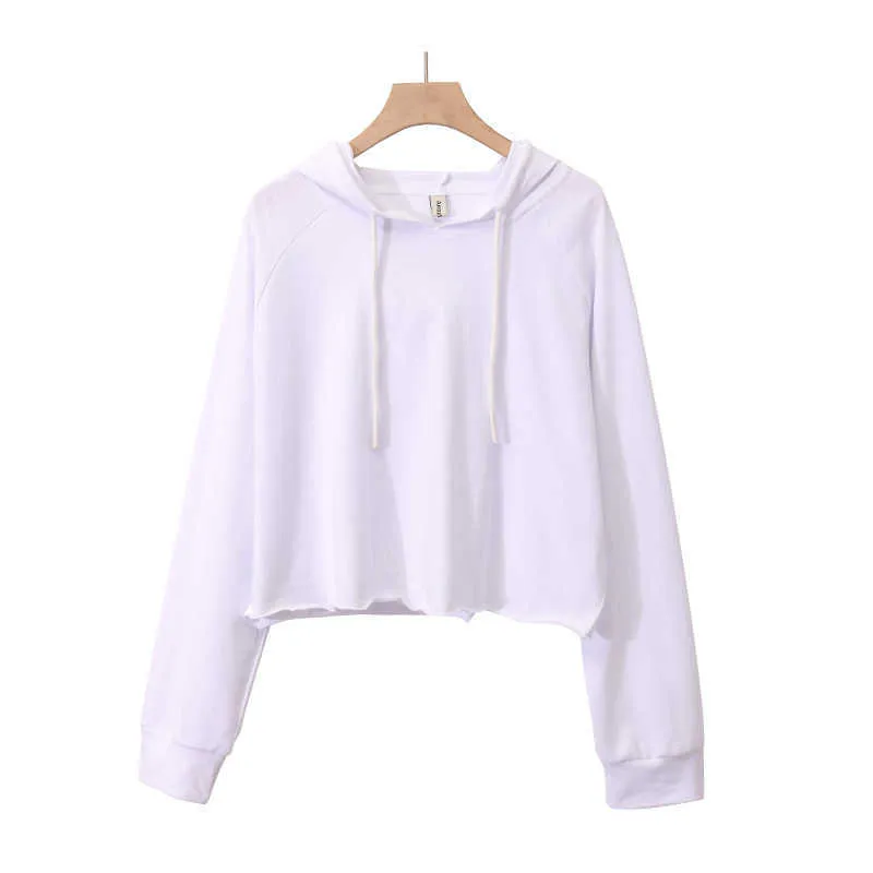 100% Cotton Solid Women's Crop Hoodie Thin Spring Autumn Long Sleeve Ladies Oversized Streetwear Pullover Sweatshirt M30624 210526