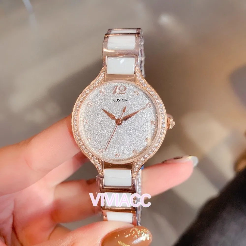 New Classic women black white ceramic watches round cz diamond clock Stainless steel geometric quartz Wrist watch 30mm