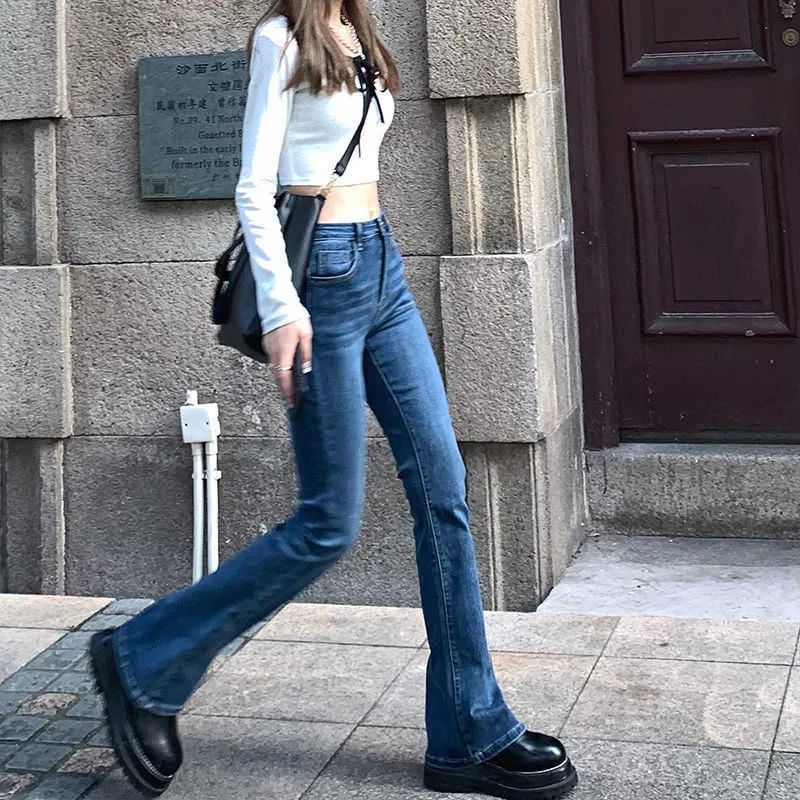 Yedinas Vintage Flare Jeans Women High Waist Korean Jean Spring Summer Blue Denim Pants Japanese Skinny Boot Cut Pant 210527