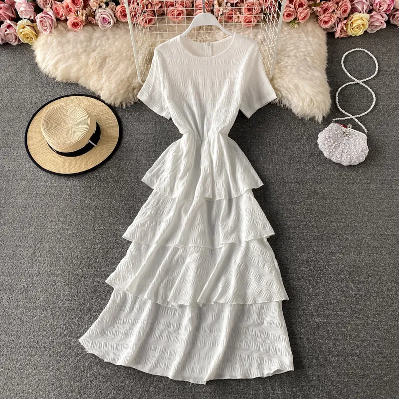 Sommer Chiffon Rüschen Vintage Kleid für Damen Süße elegante Kuchen Kurzarm Feste Hohe Taille Lange Vestidos 210420