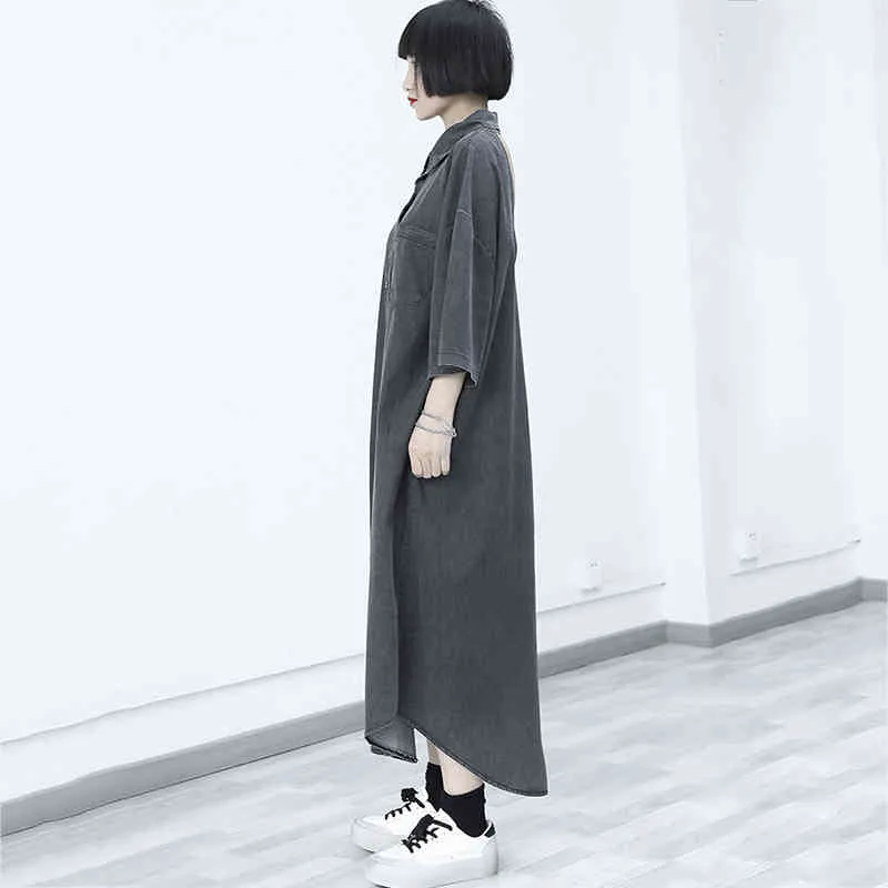 [Eam] kvinnor grå denim lång stor storlek ihålig ut klänning lapel tre fjärdedel ärmlös mode vår sommar 1dd7636 21512