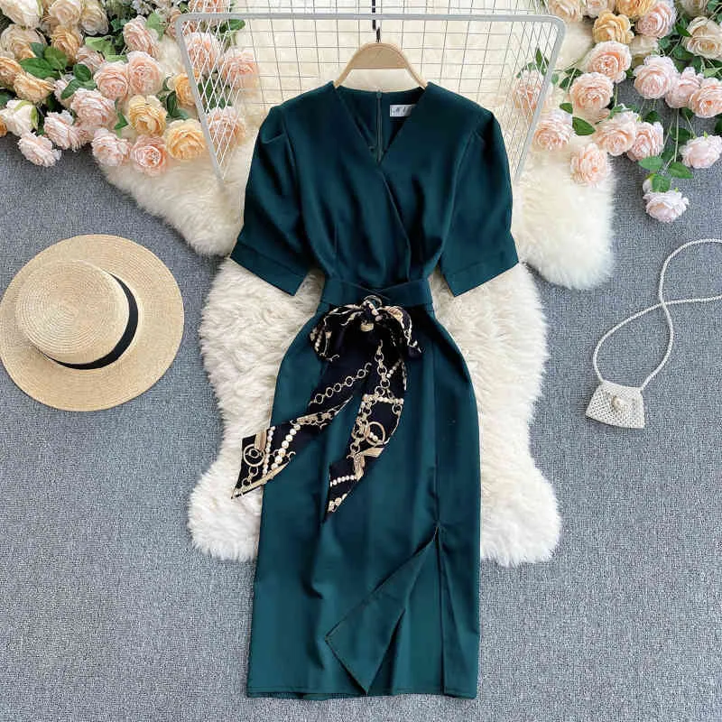 SINGREINY Women Elegant French Dress V Neck Short Sleeve Sashes Slim Office Dresses Summer Fashion Streetwear Split Midi Dress 210419