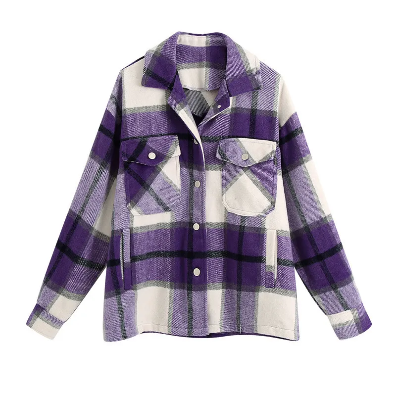 BLSQR Élégant Poches Lâche Plaid Veste Manteau Femmes Casual Revers À Manches Longues Survêtement Violet Mignon Filles Chic Streetwear 210430