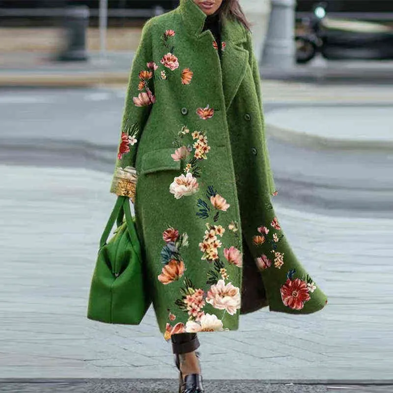 Autumn Winter Long Sleeve Pocket Green Outwear Casual Loose Blend Wool Long Overcoat Women Vintage Button Cardigan Tops Jackets 211130