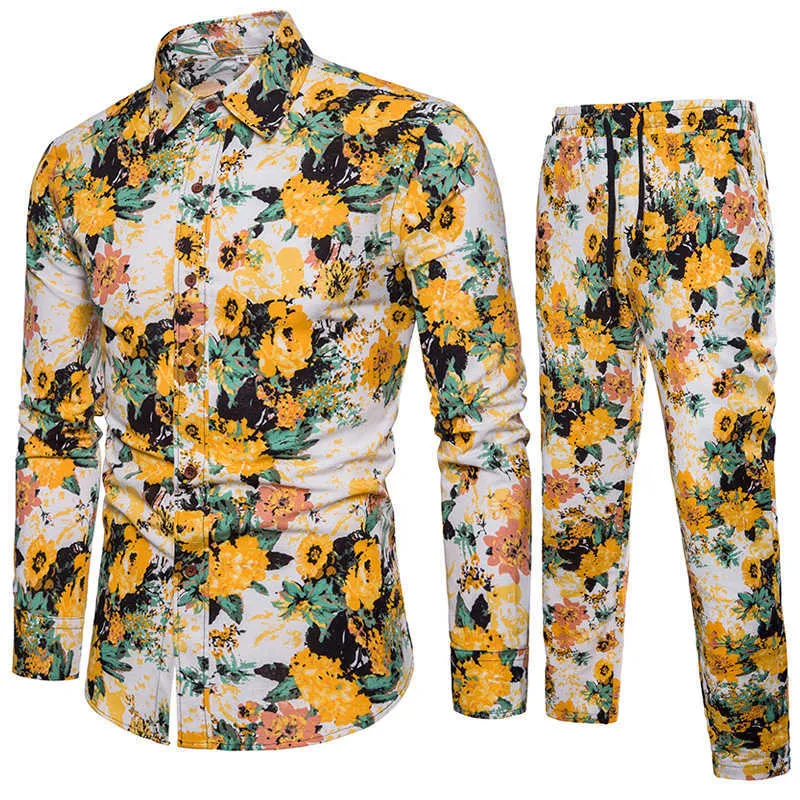 2020 Nowe Męskie Wakacje Zestaw Dres Długie Spodnie Etniczne Styl Patchwork Mężczyzna Garnitur Festiwal Nosić Slim Fit Floral Print Koszula X0909