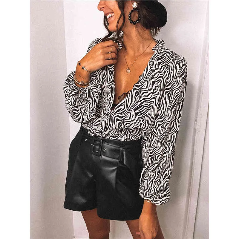 Work Wear Women's Shirt Sexy Long Sleeve Zebra Printed Blouse 2021 Spring Summer Casual Top Blouse Female Streetwear Lace Blouse X0521