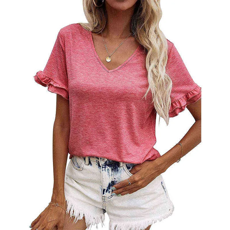 Kobiety Lato Moda Solid Color V-Neck Orzeźwiający Potargany Krótki Rękaw Top Lady Popularność Luźna Dorywczo Multicolor Młodzież T-Shir G220310