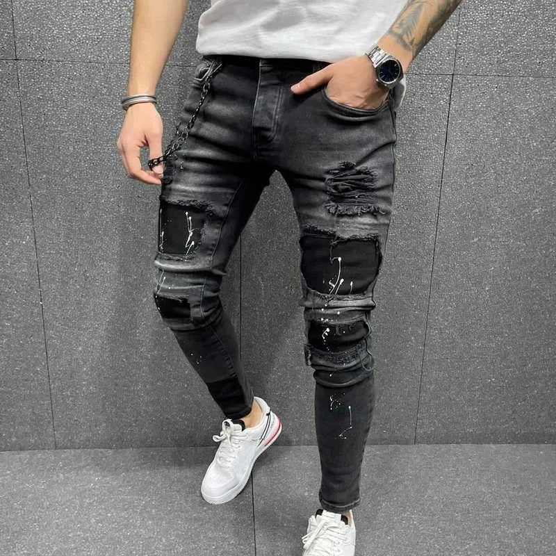 Hombres rasgados pantalones vaqueros flacos de alta calidad negro patchwork biker lápiz pantalones locomotora pantalones de mezclilla calles hip hop pantalones de vaquero x0621