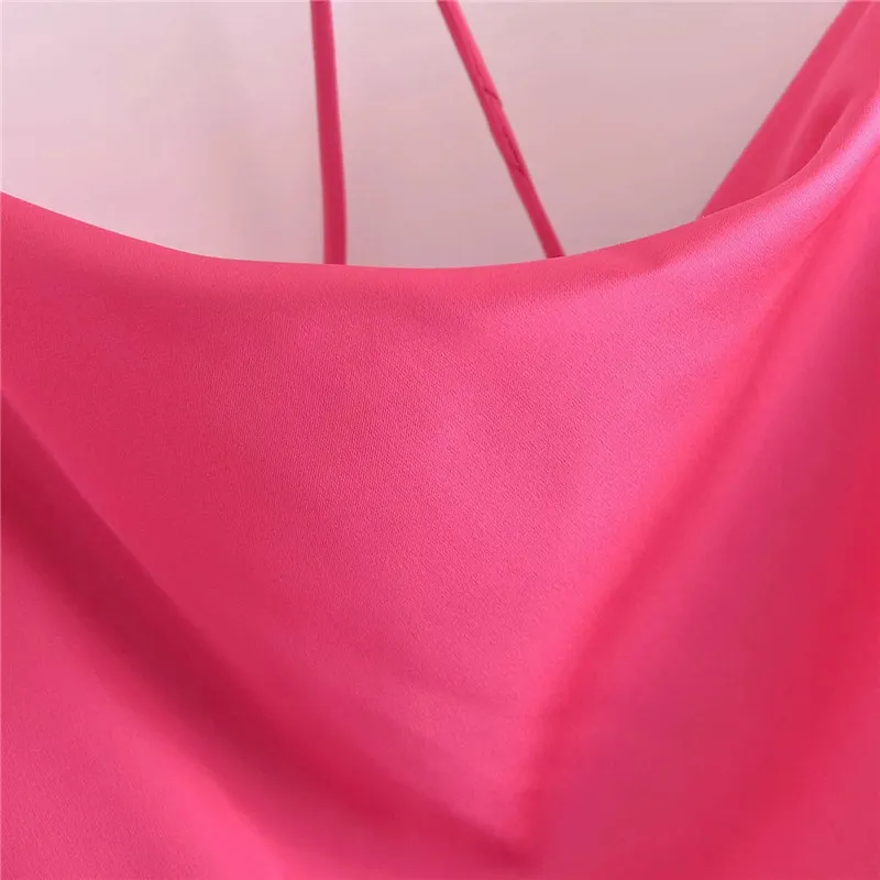 Rose Rouge Camisole Satin Longue Robe Femmes Été Dos Nu Slip Sexy Robes De Soirée Dames Sans Manches Midi 210519