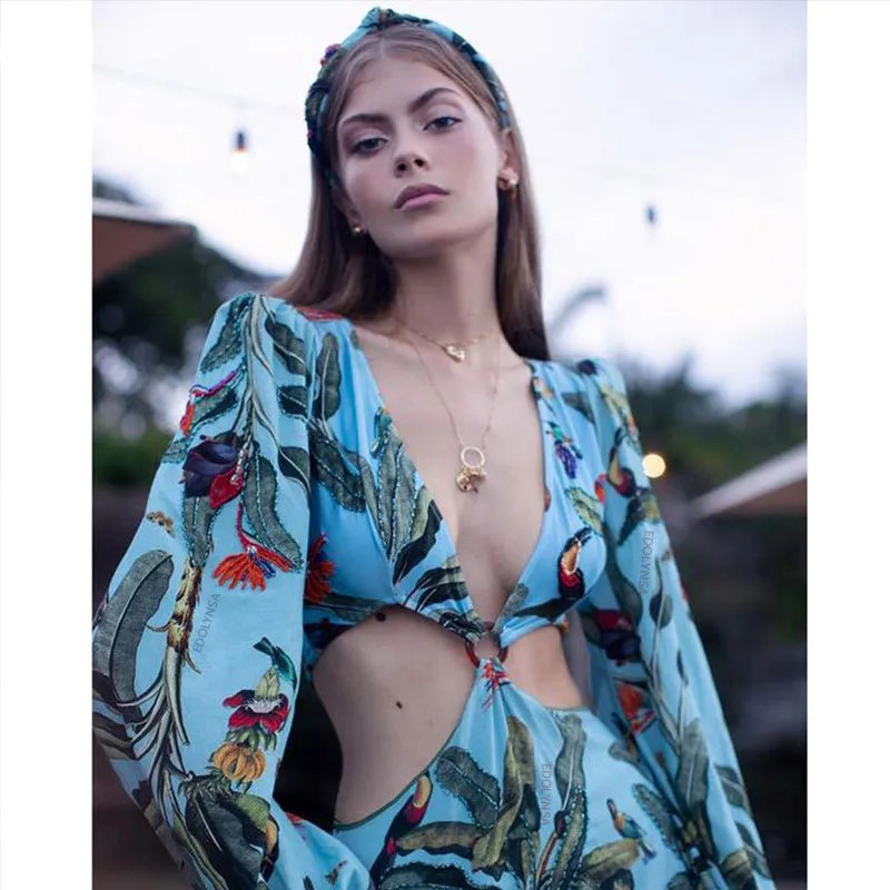 Elegant Floral Print Bikini Cover-ups Sexy Cross Open Back Long Sleeve Summer Dress Women Beach Wear Swim Suit Cover Up A891 210420