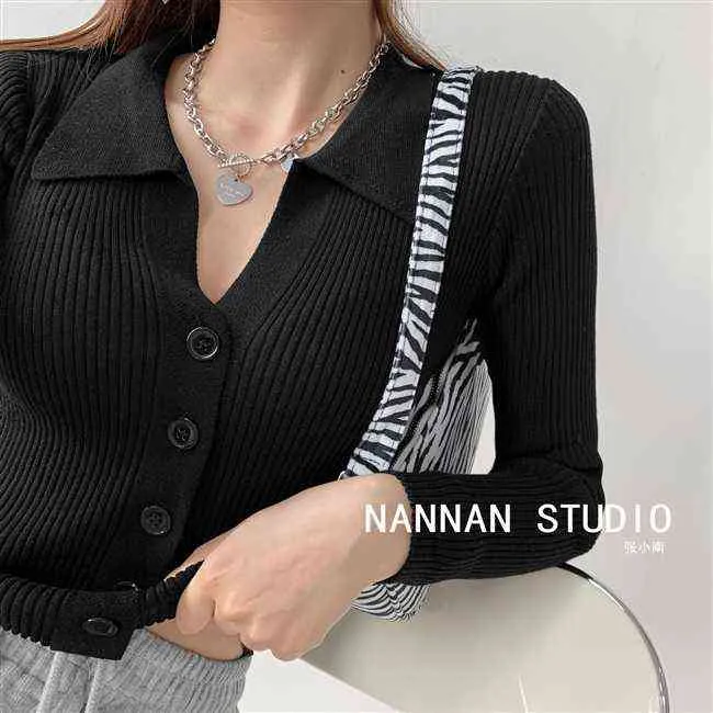 Coréia Retro Sweater Tops Outono Single-Breasted Polo Collar Malha Camisas Femininas Manga Longa Listrada Colheita Sólida Top Branco 211103