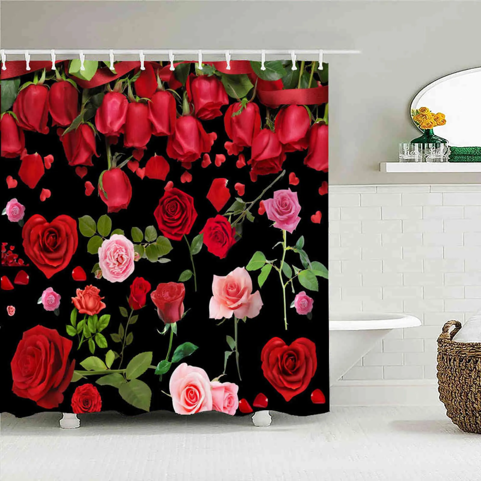 3D Rose Rose Plantas Flores Banheiro Cortina Amor Romance Banho Cortina Água Devão Cortinas Decoração 240x180 com Ganchos 211116