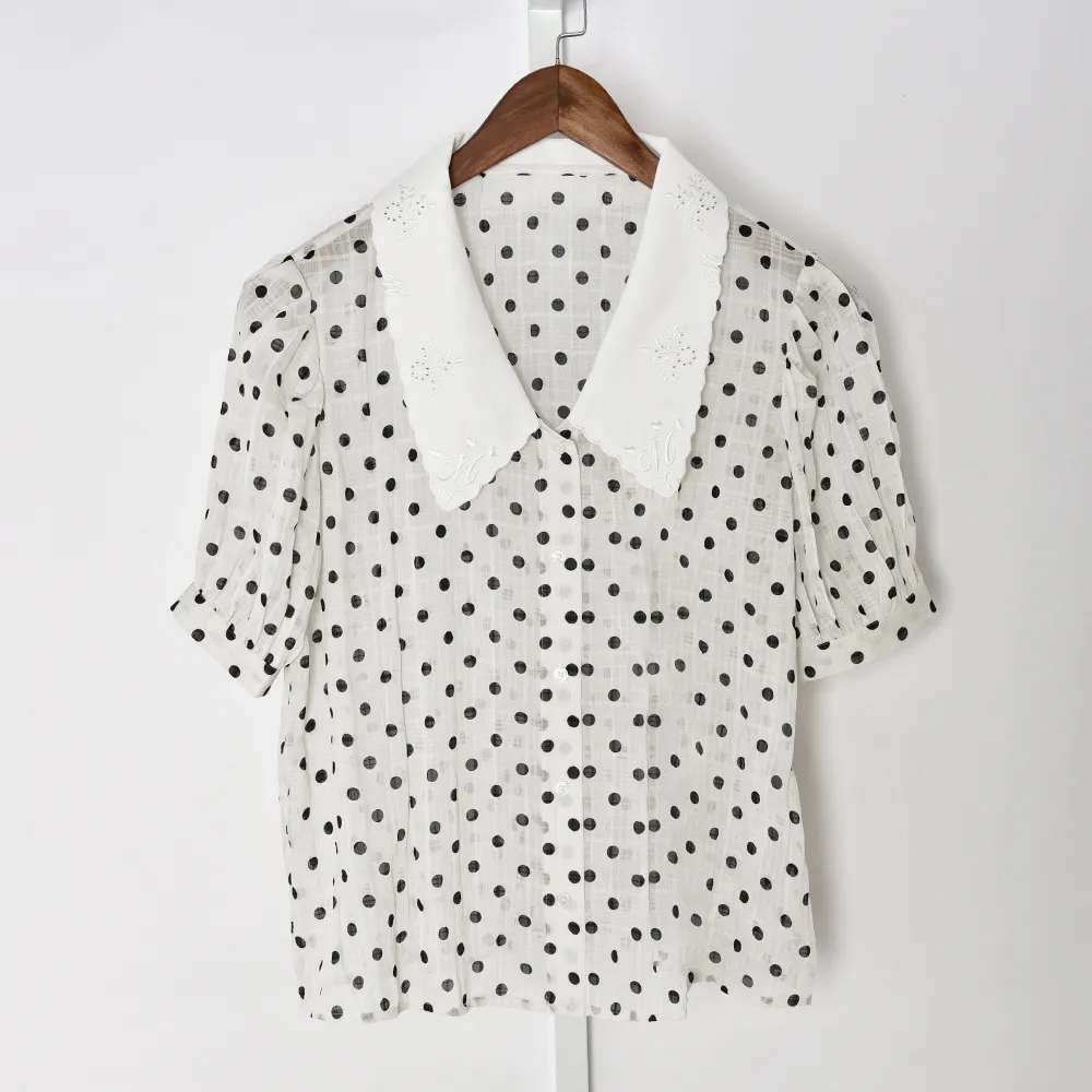 2021 primavera meia manga lapela pescoço branco polka dot impressão bordado botons blusa de breasted mulheres camisa de moda 21g1213018