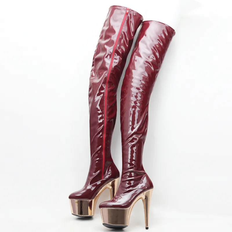 Spike Heel Pole Dancing Shoes Talons hauts Gold Chrome Platform Over Knee Boots Size5-12