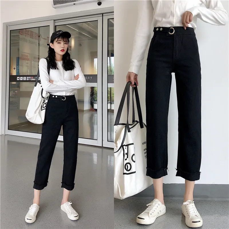 Vintage Solide Noir Blanc Droite Femmes Style Coréen Lâche Taille Haute Slim Cheville Longueur Jeans Pantalon 7284 50 210417