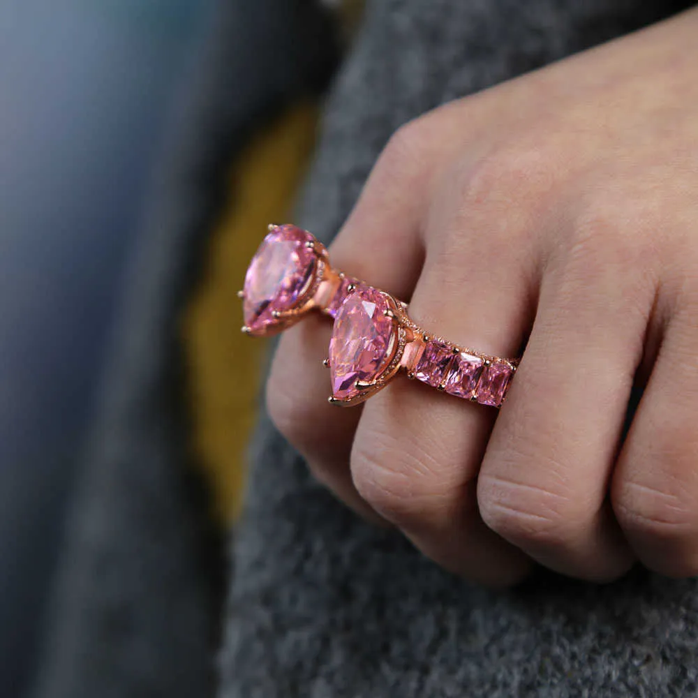 Big Pear Shape Accent Stone Rings Rose Gold Pricess Cut Full CZ Band Wedding Engagment Tear Drop Pink Pinky Ring Pour Femmes 210701