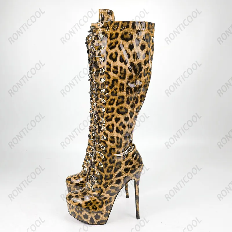 Mulheres Rontic Winter Knee Botas de Leopardo Padrão Fino Salto Redondo Toe Bela Luz Azul Luz Rosa Clube Sapatos Mais Tamanho 5-20