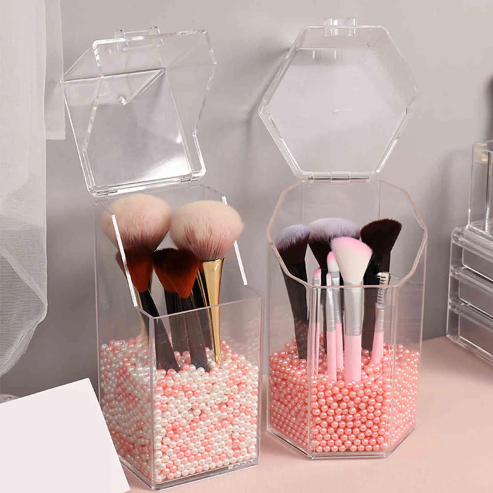 Pearl Clear Acrylic Makeup Brush Holder Transparent Storage Box Lipstick Container Pencil 211102