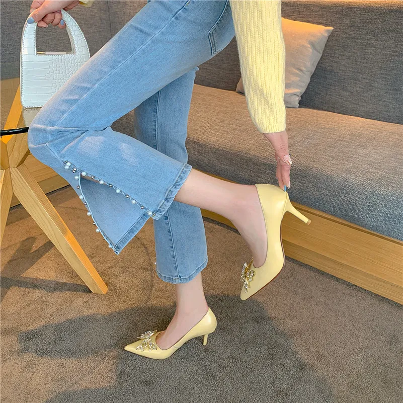 Meotina Frauen High Heel Schuhe Echtes Leder Stiletto Heels Pumps Kristall Bogen Spitz Mode Schuhe Party Schuhe Gelb 210520