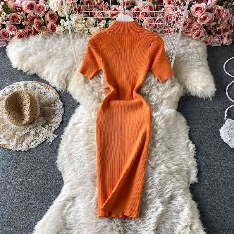 Robes moulantes printemps été tricoté fermeture éclair Sexy Vestidos De Mujer coréen Vintage Stretch femme robe mode 210415