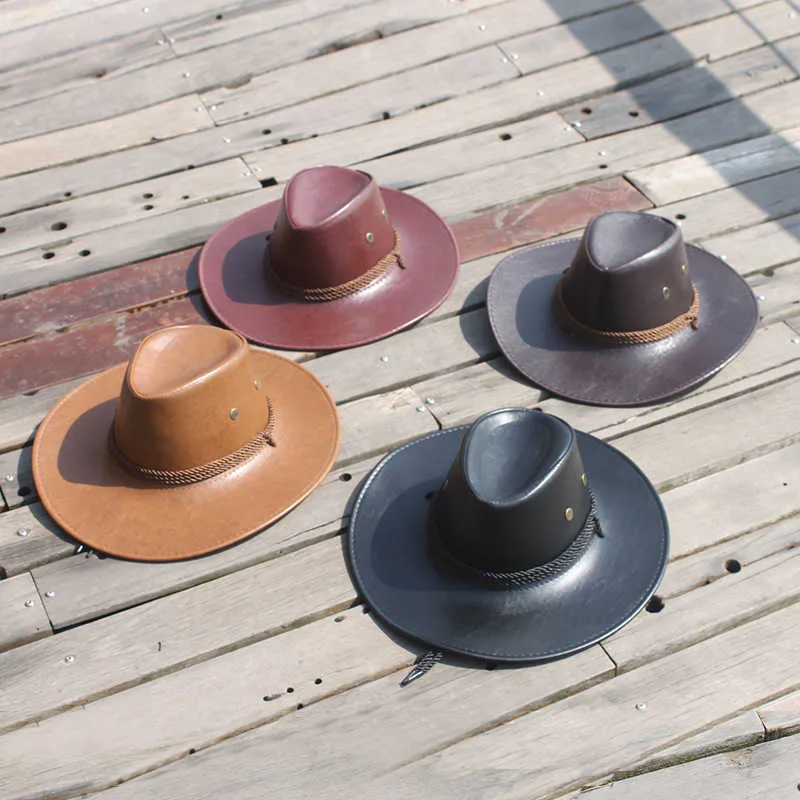 PU Leather Western Cowboy Hat Men Spring Summer Outdoor Travel Knight Cap Q08057405921