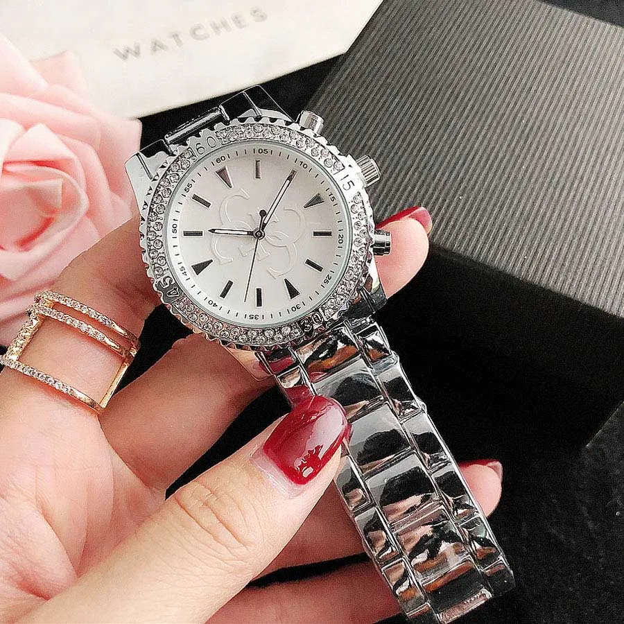 Relojes de marca para mujer y niña, reloj de pulsera de cuarzo con banda de acero y Metal con letras grandes de cristal y diamantes, GS 45334I