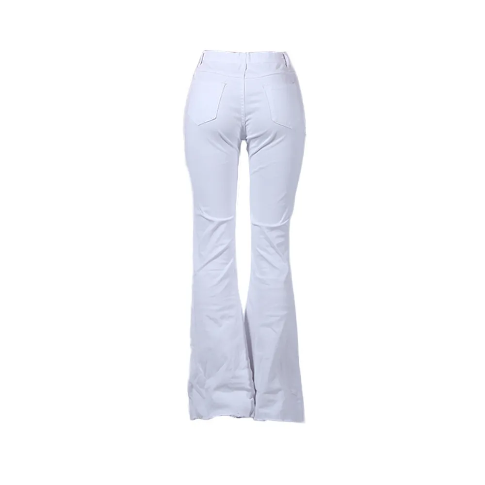 Sommar kvinnors byxor vit hög midja kvinnlig denim bell botten casual rippade jeans för kvinnor mamma flare mager kvinna