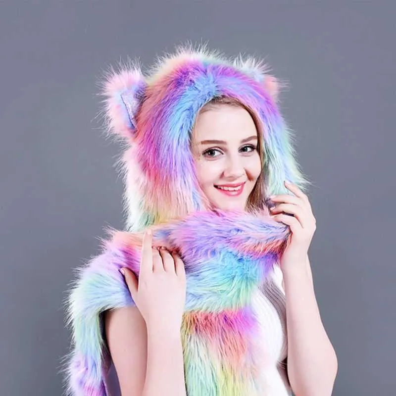 U2jf 3 en 1 femmes hommes arc-en-ciel dégradé moelleux en peluche loup chapeau à capuche animaux oreilles pattes écharpe gants Halloween Rave Costume