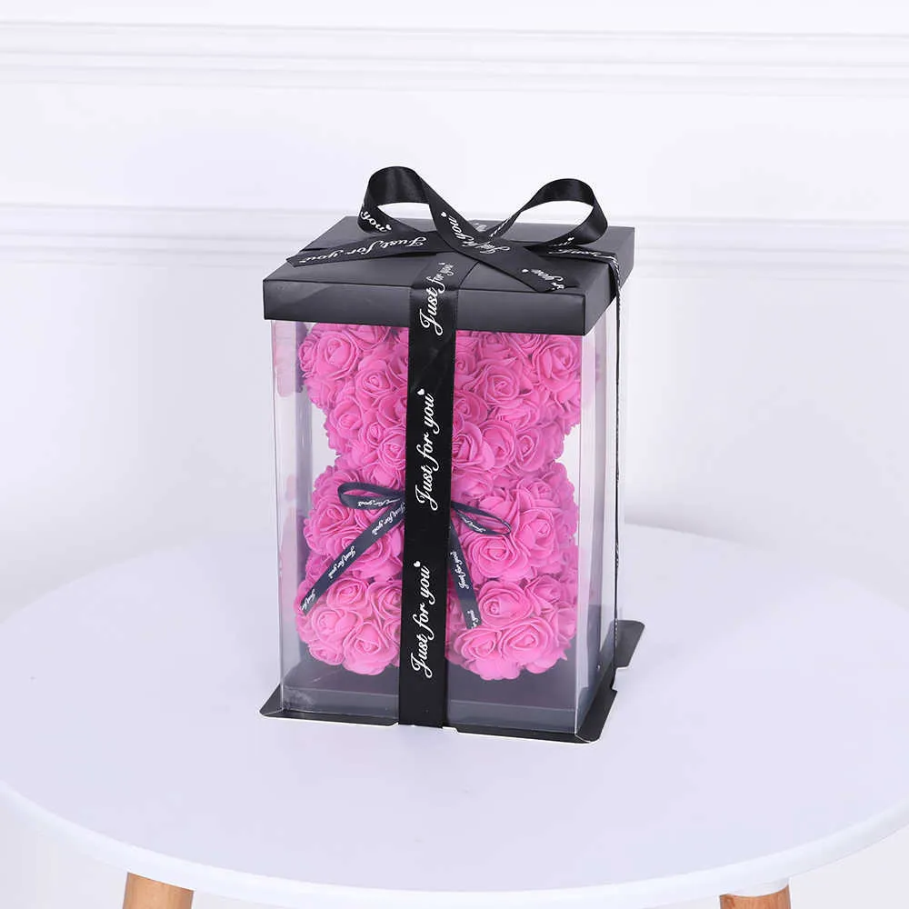 25 cm Teddy Bear Rose avec Boîte Coeur Fleur Rouge Artificielle Décoration Cadeaux pour Femmes Saint Valentin Fête Des Mères Fournitures 210624