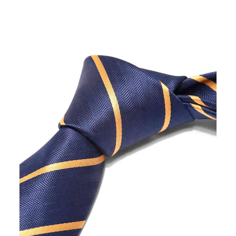 Luxury Navy Blue Striped Tie För Män 7 cm Bröllop Business Märke Design Fashion Dress Suit Silk Polyester Slips med presentförpackning