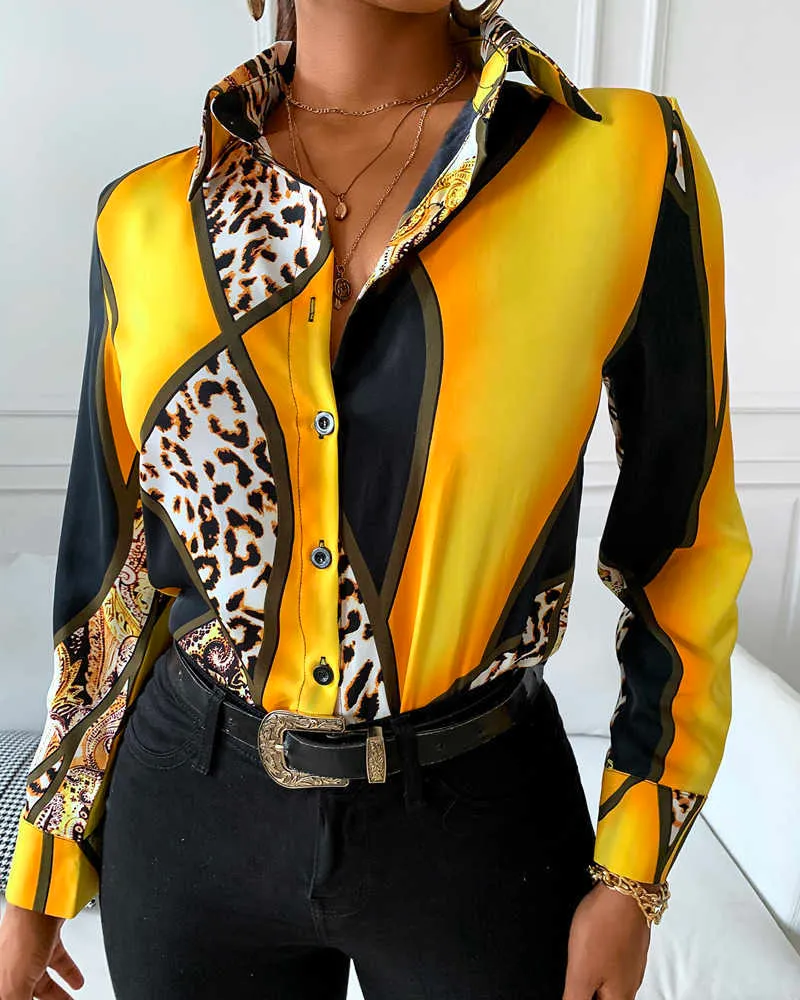 Kadınlar Zarif Moda Flong Sleeve Top Sıradan Çita Baskı Renkblok Düğmeli Uzun Kollu Gömlek 210716