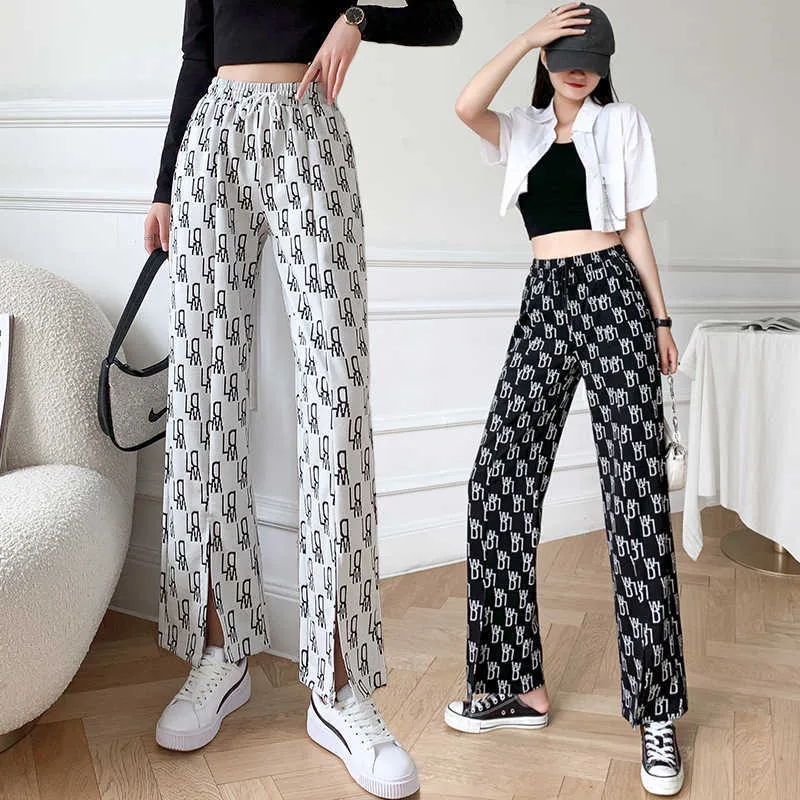 Summer fashion black high waist wide leg straight casual pants slim fit letters printed split front flared pant for women Q0801